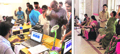 Being the last day, there was rush to get Aadhaar card enrolment done; and (right) residents wait for their turn at a post office in Ludhiana. 