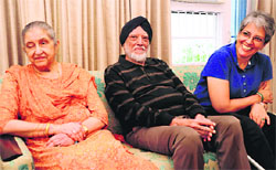 Amrit Kaur (left) with her husband and daughter at her residence in Chandigarh on Wednesday.