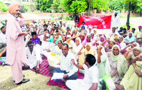 Members of the Forest Department Field Workers Union stage a dharna demanding release of their salaries outside the District Administrative Complex in Bathinda on Thursday.