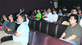 People watch a film at the Government Museum auditorium, Sector 10, Chandigarh, during the first day of the Israeli Film Festival on Thursday.
