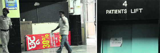 The chemist shop, which has been lying closed for the past three months; and (right) a non-functional patients lift at the Government Medical College and Hospital, Sector 32, Chandigarh.