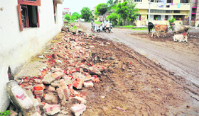 Debris of a boundary wall of a house that was demolished during a drive against encroachments at the Milk Colony, Dhanas, on Thursday.