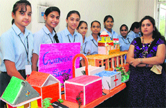 Students display their projects during a science exhibition at JPS Academy School at Assandh in Karnal. A Tribune photograph