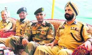 JP Singh (right), Deputy Inspector General of Police, North Kashmir, addresses mediapersons in Sopore on Thursday. 