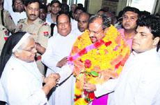 Dr Franco Mulakkal, new bishop of Jalandhar, being welcomed at the Jalandhar city railway station on Thursday. 