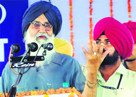Chief Minister PS Badal addresses newly elected panchayat members in Amritsar on Thursday. 