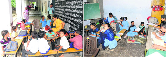 (Left) Surinderpal Kaur, the principal of Government Elementary School, Mall Road, teaches the students of Class I in the corridor of the school; and students of Classes IV and V being taught inside the office of the principal. One of the two rooms of the school is being used to store foodgrains received under the mid-day meal scheme. 