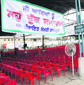 Arrangements made at the grain market in Bathinda for the oath-taking ceremony of the newly elected sarpanches and panches scheduled to be held on Saturday.