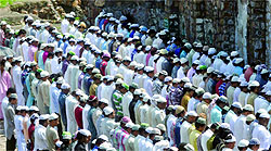 The devout offer Jummat-Ul-Vida prayers on the last Friday of Ramadan at the Ferozshah Kotla mosque in New Delhi on Friday