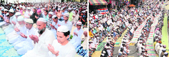 Devotees offer namaaz at Jwalapur in Haridwar on Friday. Tribune photo: Rameshwar Gaur (L0 and Muslims offer prayers during Juma-Tul-Vida in Dehradun on Friday. 