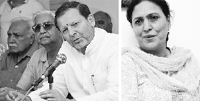 Karnal MP Arvind Sharma addresses mediapersons in Karnal on Friday (L) and Sumita Singh, local MLA. Tribune Photo: Ravi Kumar