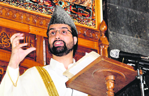 Mirwaiz Umar Farooq speaks at the Jamia Masjid in Srinagar on Friday.