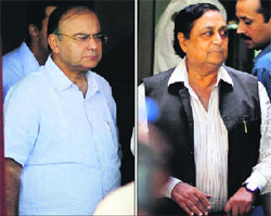 Arun Jaitely and MP Pandove coming out of the BCCI meeting in New Delhi. 
