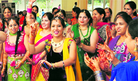 Women perform dance during Teej celebrations at Ganpati Enclave in Bathinda on Saturday.