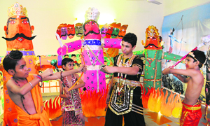 Students enact a scene from the Ramayana during the annual art exhibition at Manav Mnagal High School, Sector 21, Chandigarh, on Saturday.