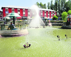 Dirty water being used in the fountains at the Partap Park in Srinagar on Saturday.