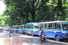 City buses parked near the Rangers College road in Dehradun.
