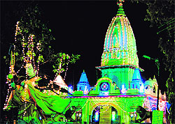 The beautifully lighted ancient temple of Daksh Prajapati Mahadev on the eve of Shivratri at Kankhal in Haridwar on Sunday
