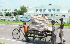 Children collect garbage at Channi bypass area of Jammu on Sunday.