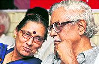 Gurudas Das Gupta, MP, and general secretary, AITUC, shares a point with Amarjeet Kaur, national secretary of the body, in Ludhiana on Sunday