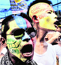 Activists of the Bodoland People's Front raise slogans for a Bodoland state in Kokrajhar on Sunday