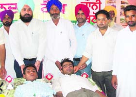 The blood donation camp in progress at Mannuana village in Bathinda district on Monday