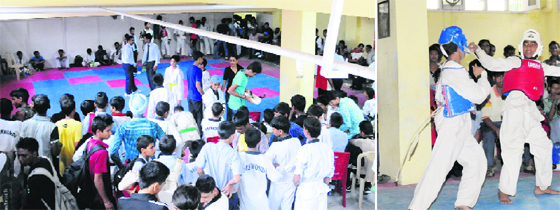An overcrowded hall ; and (right) a carpet laid near a cemented pillar at Shishu Niketan School, Sector 43, Chandigarh.