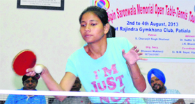 A player in action during the Dr Bipin Saronwala Memorial Open Table Tennis Tournament at Rajindra Gymkhana Club in Patiala on Monday.