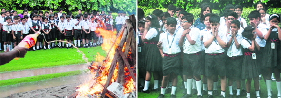A man throws fuel into bonfire; and (right) schoolchildren feel suffocated during the mock drill at Hallmark Public School in Sector 15, Panchkula, on Monday.