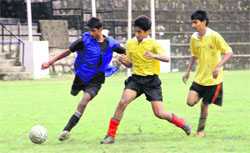 A match in progress during the CBSE Sahodaya School Complex Inter-School Football Tournament in Dehradun on Monday. 