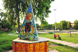 A view of an incomplete pond as the renovation work at Karan Tal Park has been stopped in Karnal. 