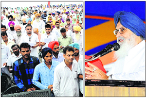 Chief Minister PS Badal (right) administers oath to newly elected panchayat members in Sangrur 