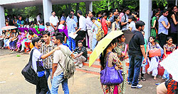 Students wait for their turn during the BCom counselling at Panjab University on Tuesday