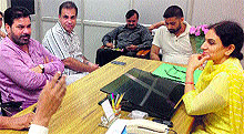 Chandigarh Mayor Subhash Chawla meets Panchkula Mayor Upinder Ahluwalia in Panchkula on Tuesday