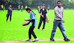 An umpire officiates in a softball match wearing a pair of jeans at Government Model Senior Secondary School, Sector 35, in Chandigarh on Tuesday