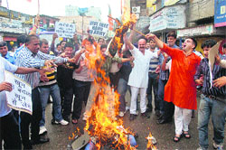 BJYM activists hold a protest in Jammu on Tuesday.