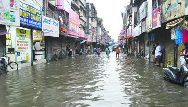 A flooded road in Chaura Bazar after heavy rain in Ludhiana on Tuesday