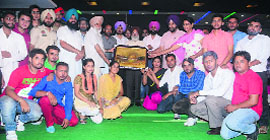 Members of the Akas Rang Manch at a felicitation ceremony in Samrala.