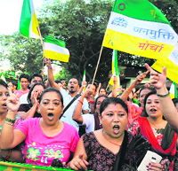 Gorkhaland supporters protest at Sukna village on the outskirts of Siliguri on Tuesday.