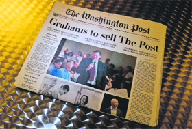The front page of the Washington Post on Tuesday in Washington, DC, the day after it was announced that Amazon.com founder and CEO Jeff Bezos had agreed to purchase the Post for $250 million.