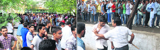 (Left) A long queue of students outside the PRTC office at Bathinda depot; students enter into a scuffle while waiting to get their passes renewed. 