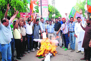 ABVP and VHP activists burn a Pakistani flag to protest against the killing of Indian soldiers in J&K, in Bathinda on Wednesday. 