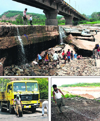 (Clockwise from top): Workers repair the bridge on the Panchkula-Yamunanagar road; a worker places a mesh net on the banks of the Ghaggar; and a pothole being covered on the bridge on Wednesday. 