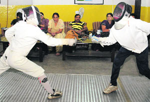 Players during the fencing tournament at Government Model Senior Secondary School, Sector 10, in Chandigarh on Wednesday.