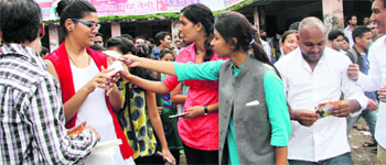 Campaigning for the DAV College students union elections under way on the college campus in Dehradun on Wednesday. 