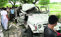 The ill-fated jeep that collided with a truck near Golakpura village in Bhiwani district on Wednesday