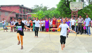 Students take part in a skipping rope event during the school games. 