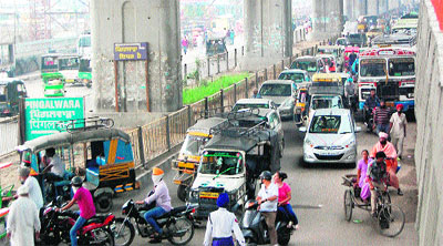  A traffic jam during the protest staged by the Punjab Majha Property Dealers Association near the bus stand in Amritsar on Thursday. 