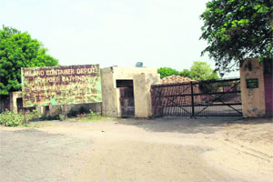 An outer view of the dry port at the Industrial Growth Centre on the Mansa road that has turned into a godown for storing paddy and wheat. 