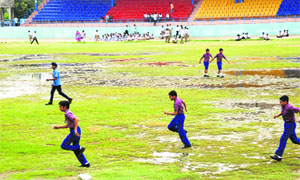 Rainwater accumulated on the grounds of the Multi-purpose Sports Stadium in Bathinda proved to be a dampener for rehearsals for the Independence Day function, on Thursday. 
